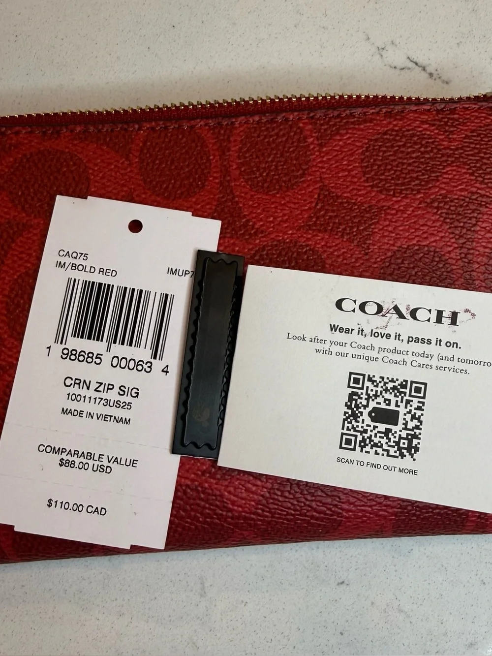 Coach Red Signature Zip Wrist Wallet with Gold Trim